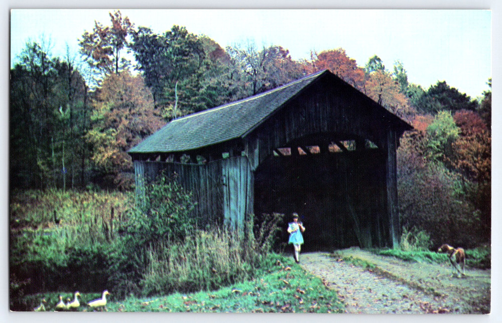 Vintage Photo Postcard Sells Covered Bridge Girl Ducks Columbiana County Ohio