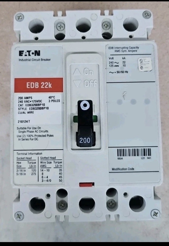 Eaton EDB3200BP10 200A Circuit Breaker 3 Pole See pics