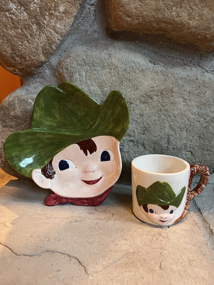 Vintage 1950s Cowboy Ceramic Pottery Cup Saucer Set Hand Painted