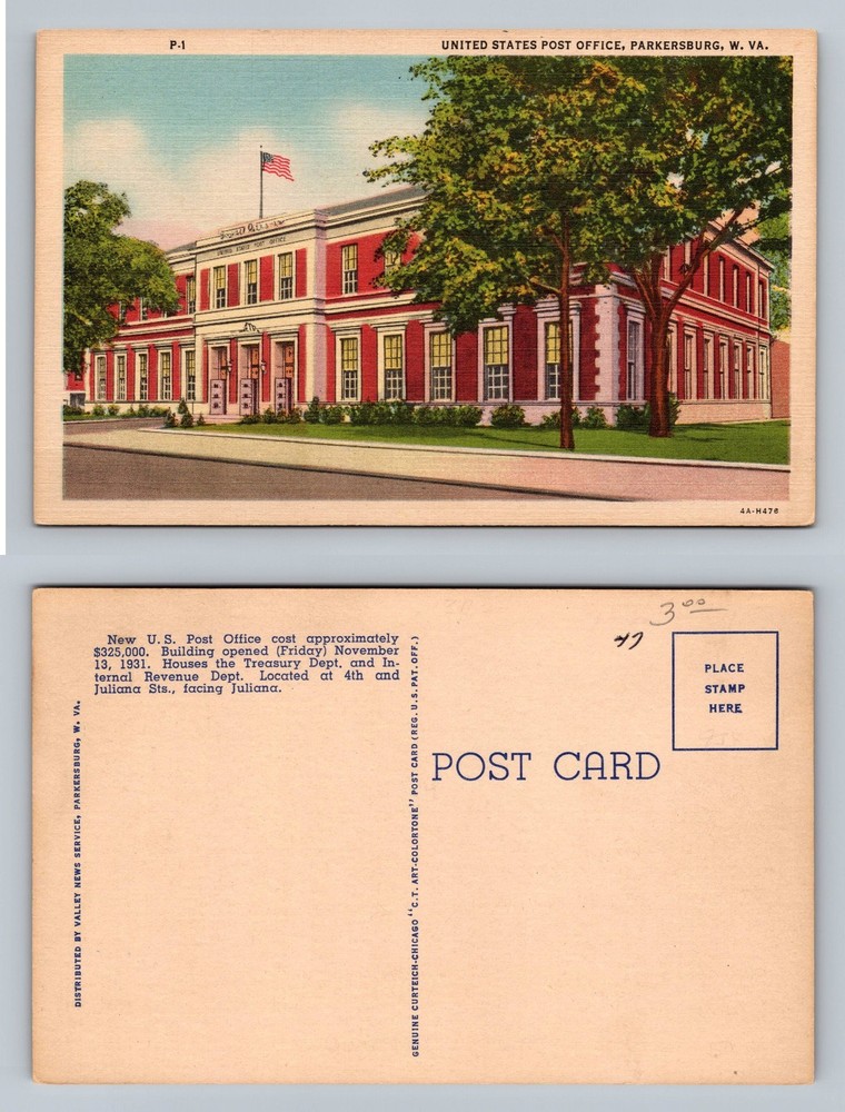 Parkersburg, West Virginia, U.S. Post Office View Card Vintage c1931 Postcard