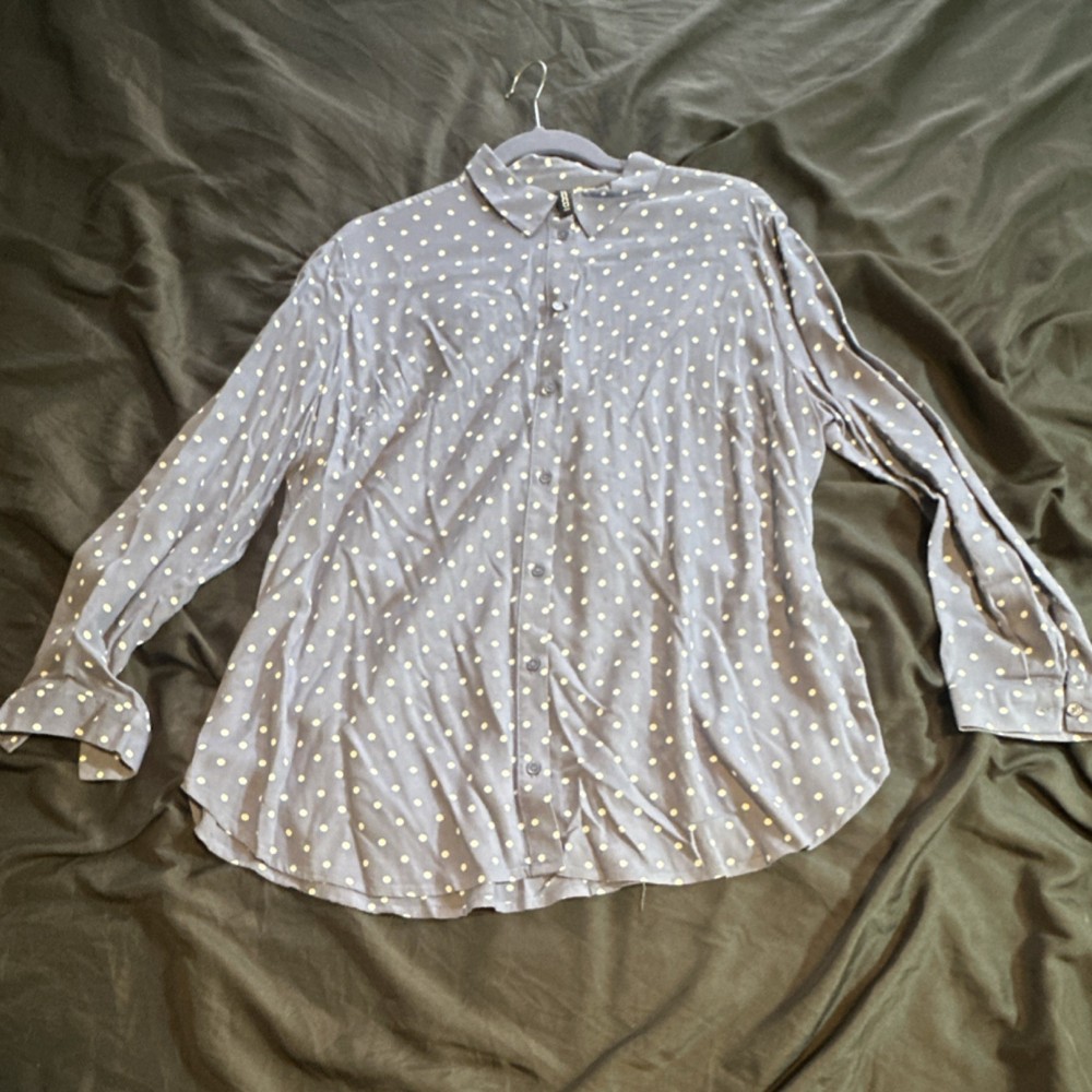 Divided Polka Dot Button-Up Shirt Collared Long Sleeve Gray White 14