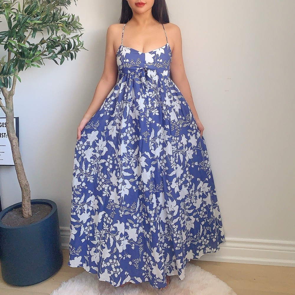 ZARA Blue White Floral Maxi Dress XS Cotton Lined Summer