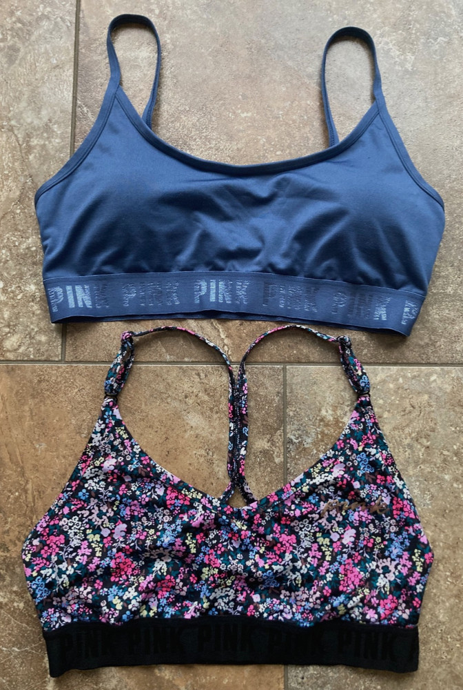 Victoria’s Secret Pink Sport Bras Lightly Lined  (lot of 2) size L Blue & Floral