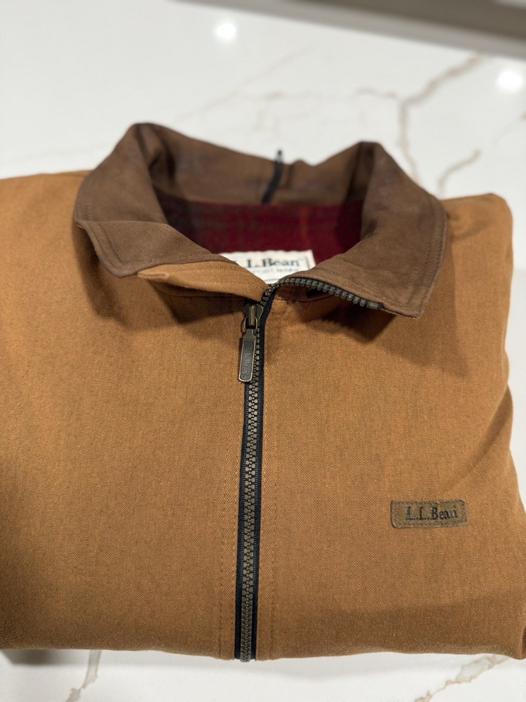 Vintage 80’s L.L. Bean Men's  Brown Jacket  Leather Collar Wool Blanket Lining