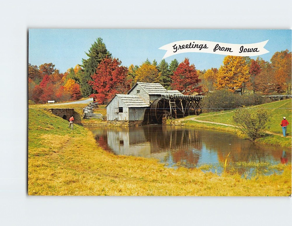 Postcard Autumn Foliage and Old Mill Greetings from Iowa USA