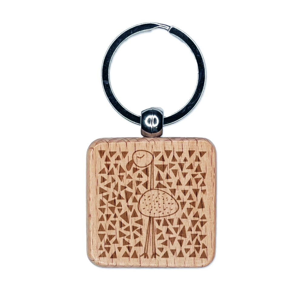 Flamingo Resting Doodle Engraved Wood Square Keychain Tag Charm