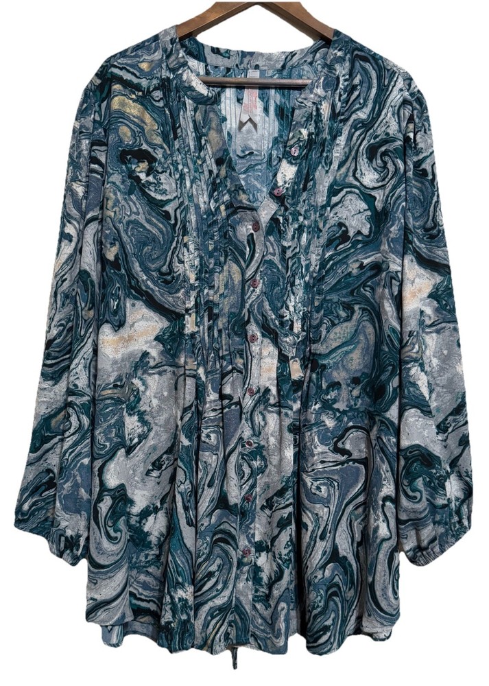 Melissa McCarthy Seven7 Blouse Top Women's 3X Button Up 3/4 Sleeve Dark Artsy