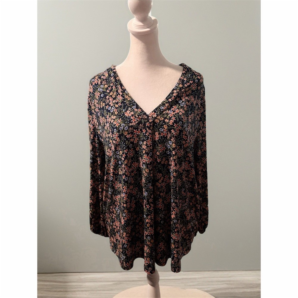 Vince Camuto Blouse Womens Size L Navy Multi Floral V-Neck Long Sleeve