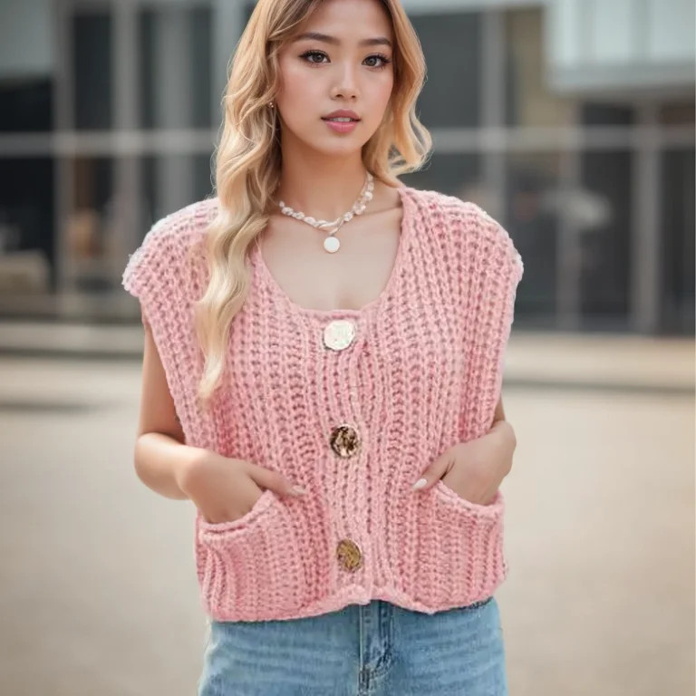 Women's Sweater Crochet Knit Vest Tops Sleeveless Loose Casual Button Cardigan