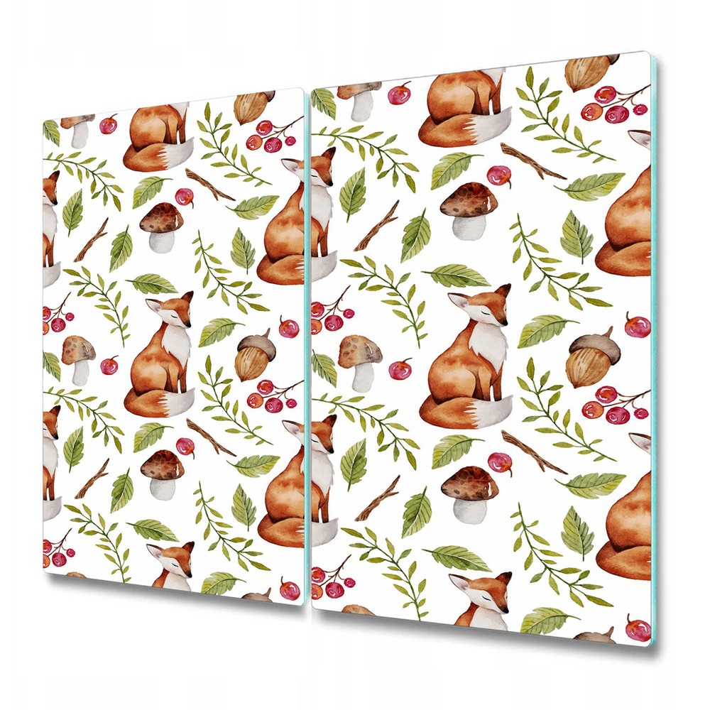 Glass Worktop Kitchen Chopping Board Fox and Plants mushrooms Animals Leaves