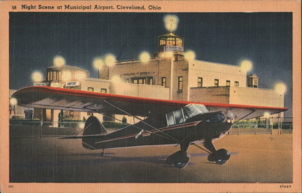 Cleveland, Ohio OH Night Scene Municipal Airport, Airplane Tarmac Postcard