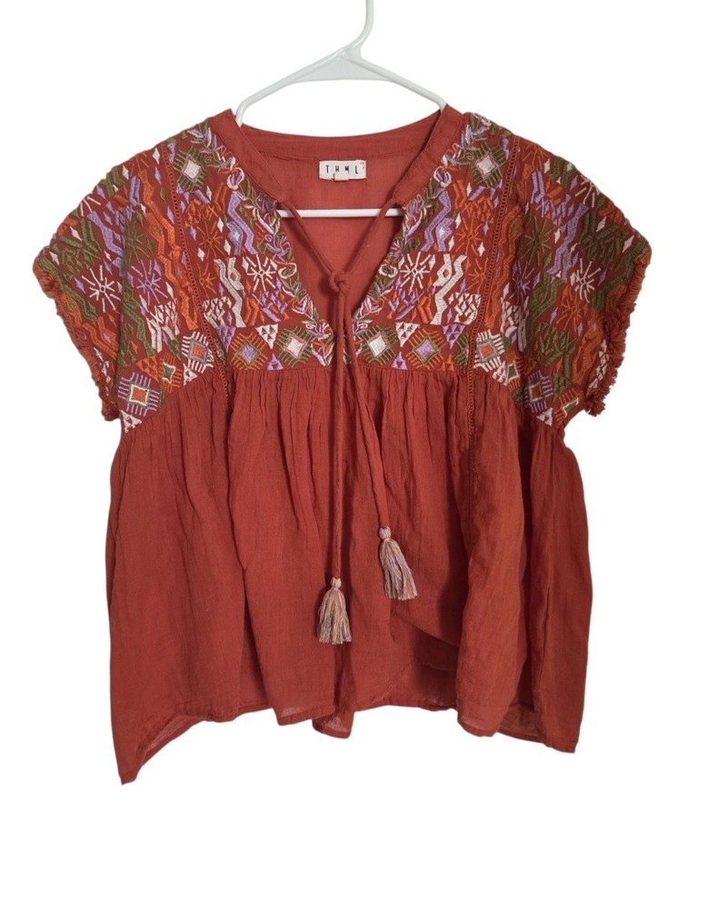 THML Boho Festival Peasant Top Women's Blouse Size S Embroidered Orange Babydoll