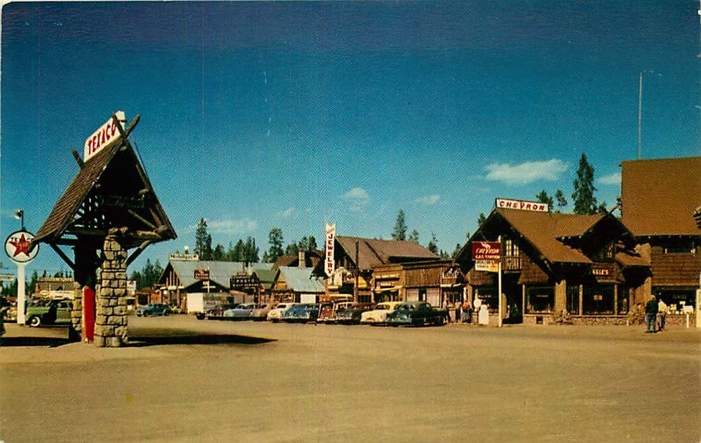 Postcard Street Scene, West Yellowstone, Montana - ca 1950s - Texaco Gas Pumps