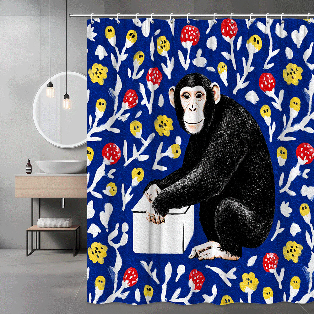 Monkey Floral Shower Curtain Blue Red Yellow Print