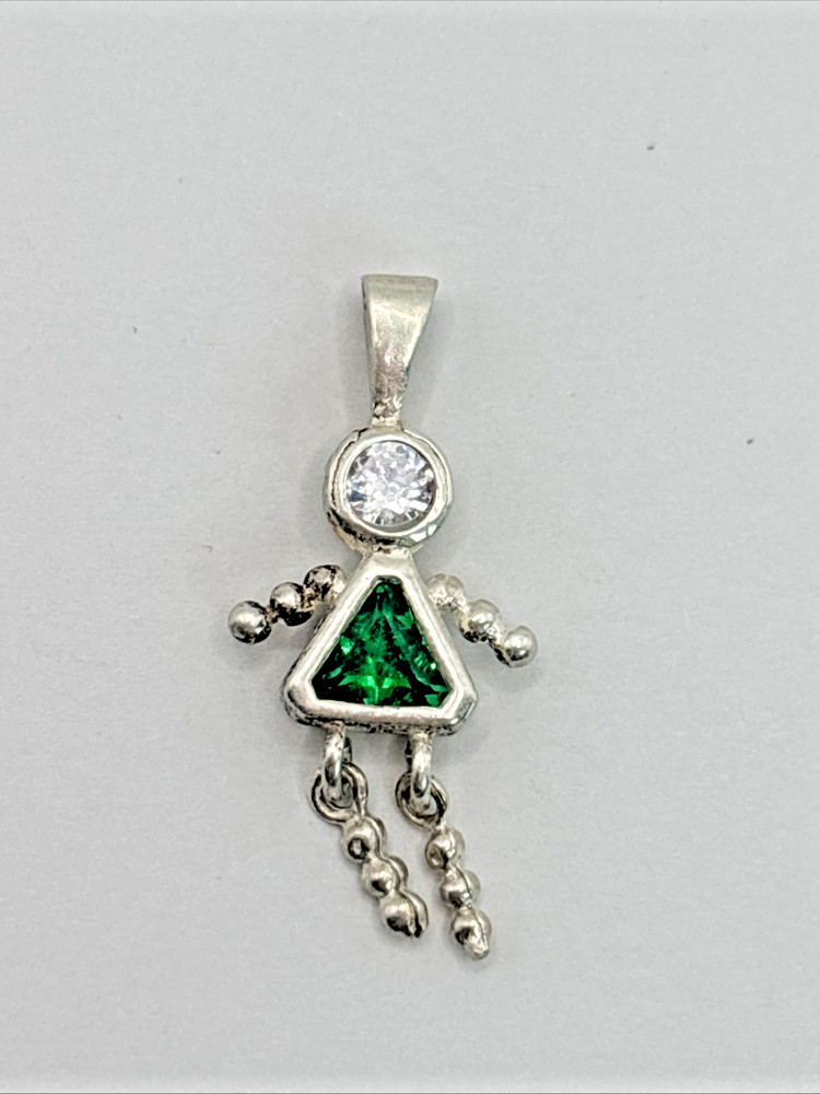 Vintage .925 Sterling Silver Necklace Pendant Girl Charm with Green Birthstone
