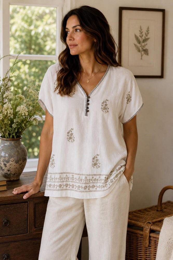 J Jill PureJill Women’s White Embroidered Buttoned V Neck Tee Top L Cottagecore