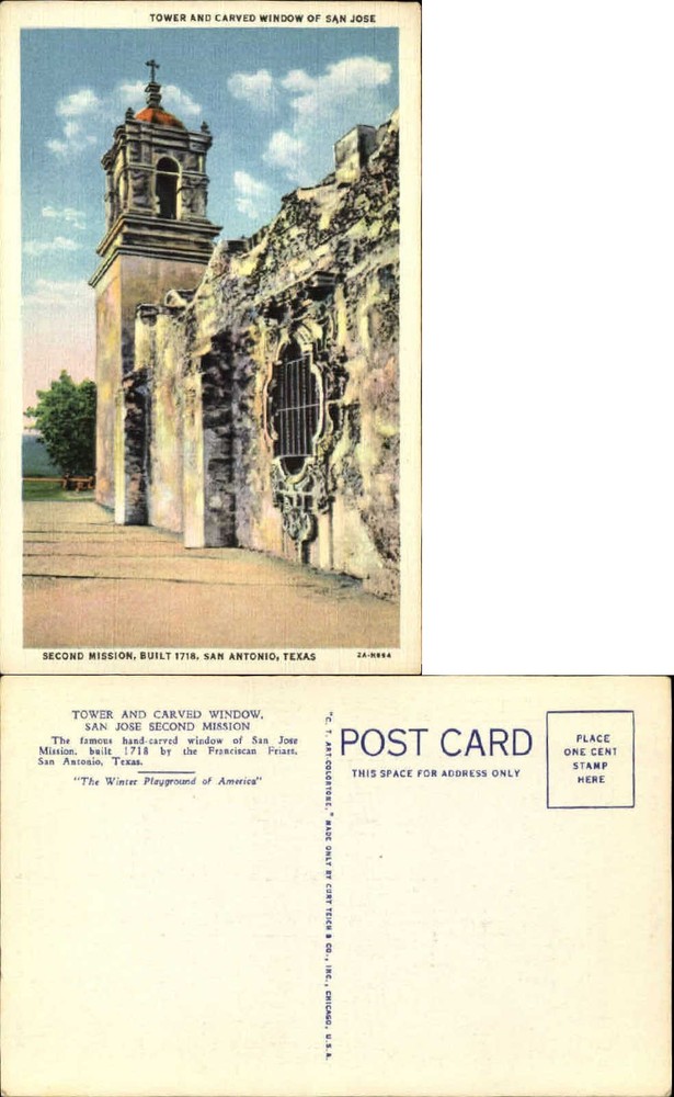 Tower and Carved Window San Jose Second Mission San Antonio Texas TX 1930s