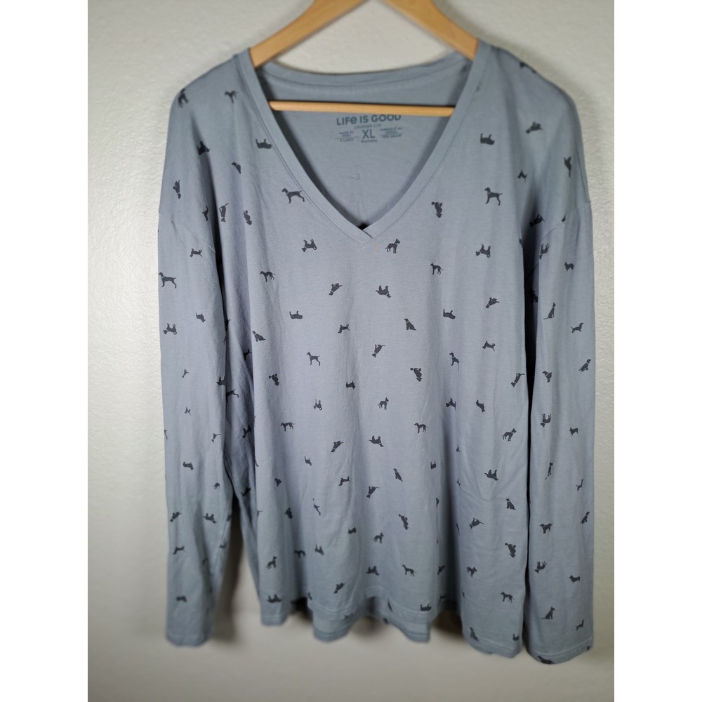 Life is Good Crusher-Lite Womens XL Blue Dog Print V-Neck Long Sleeve T-Shirt