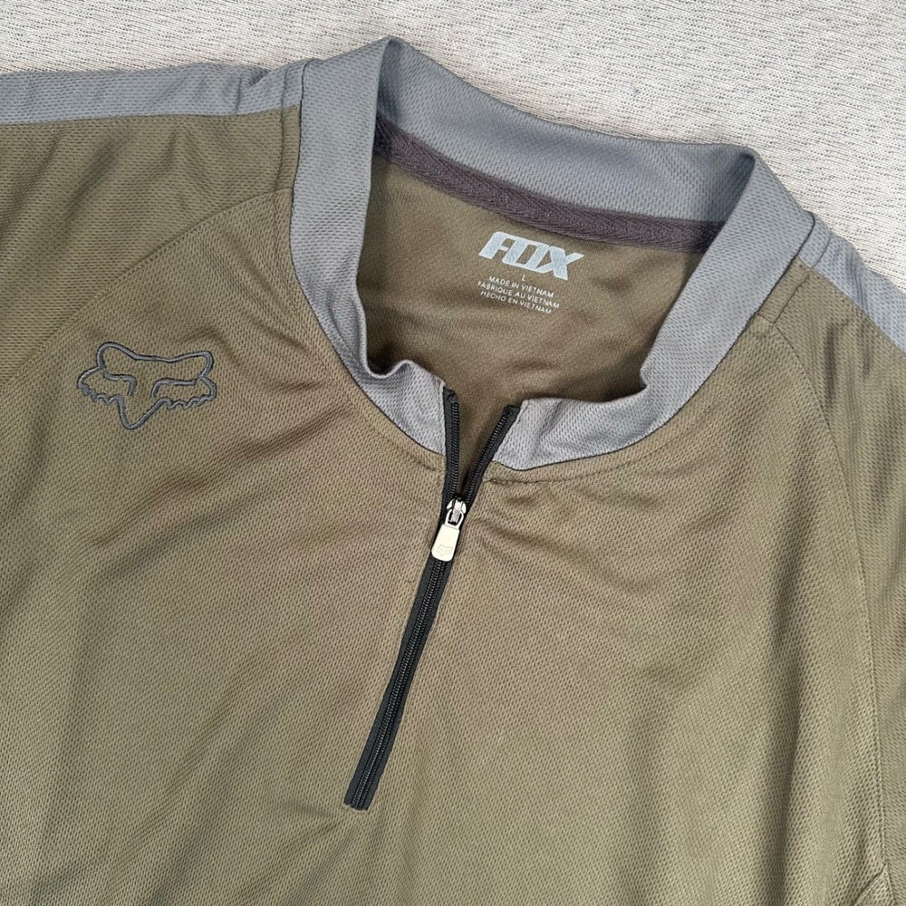 Fox Racing Mountain Bike Jersey Mens Large Olive Green Grey 1/4 Zip MTB Shirt