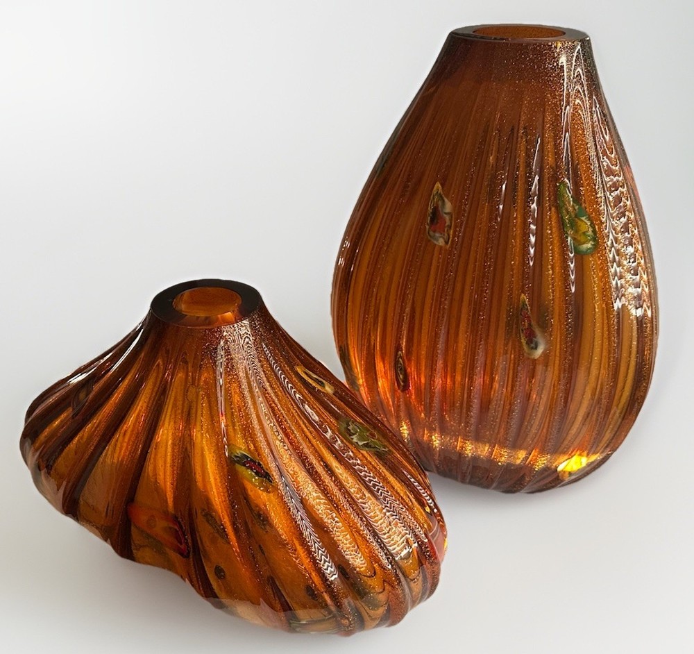VTG 60s Empoli - Murano MCM Handblown Glass Aventurine Amber Ribbed Vase Pair