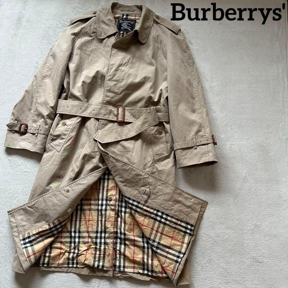 Burberrys Soutien collar Coat Long Belted Check Beige Men Size Free Used STAIN