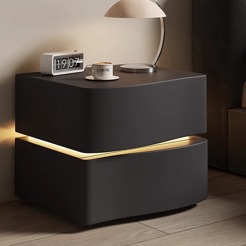 Modern Leather & Solid Wood Nightstand with LED Lights and 2/3 Drawer Storage