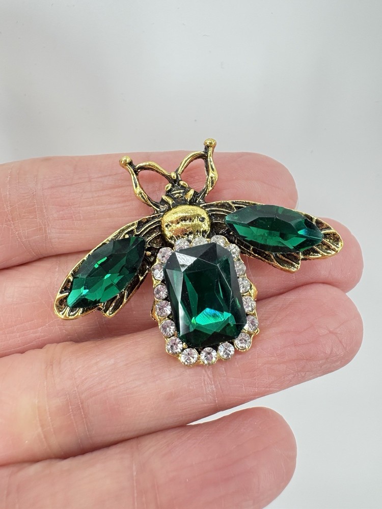 Retro Green Crystal Bee Gold Brooch Pin - Rhinestone Insect Jewelry Summer Gift