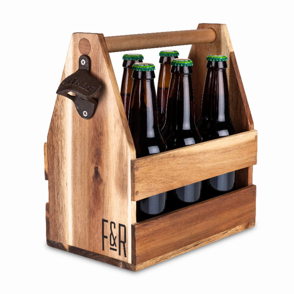 Acacia Wood Beer Caddy by Foster & Rye – Holds 6 Bottles in Rustic Style  -image