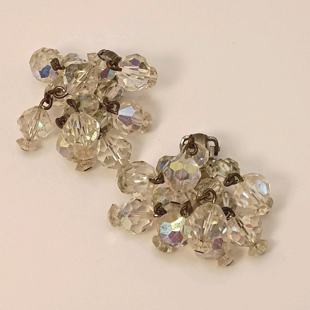 Vintage Laguna Aurora Borealis AB Crystal Bead Cluster Clip On Earrings