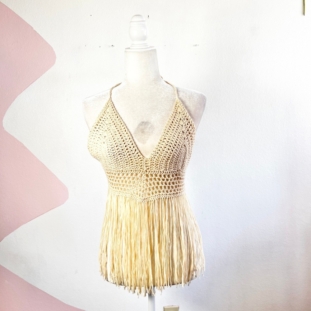 Crochet Fringe Halter Top Festival Coachella Hippie Vacation Sz Medium