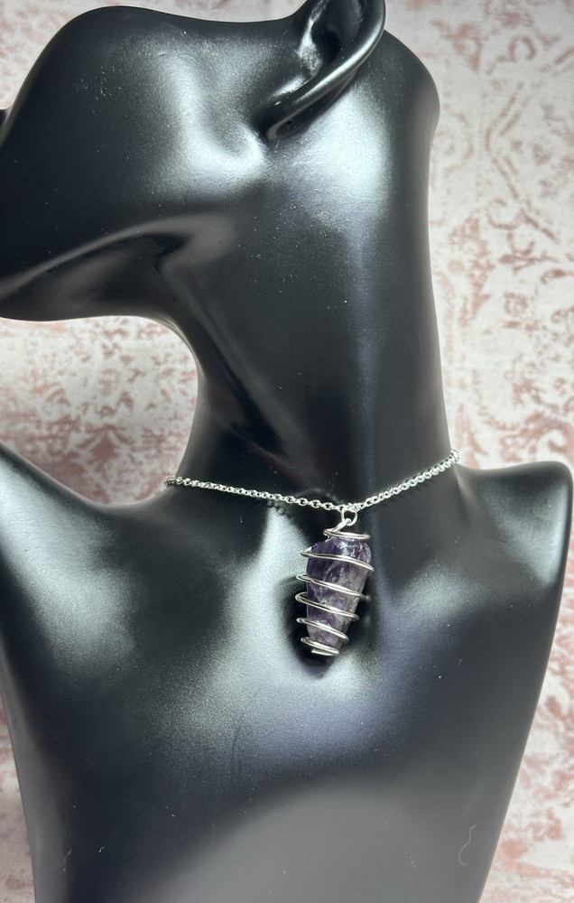 Handcrafted Wire Wrapped Purple Amethyst Pendant Necklace Silver Cable Chain