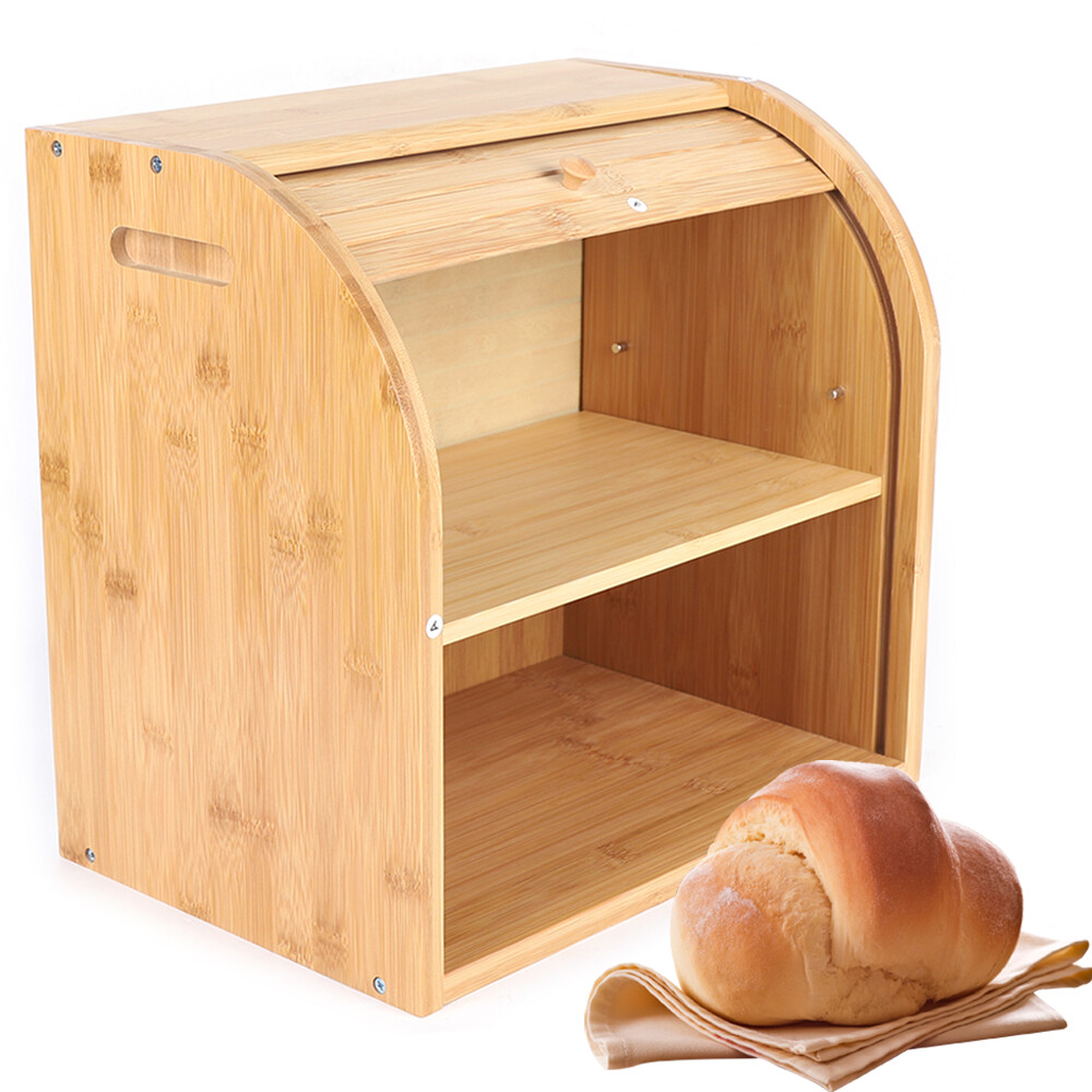 2-Layer Bread Box Bread Keeper Bamboo Wood With Lid Kitchen Storage Containers