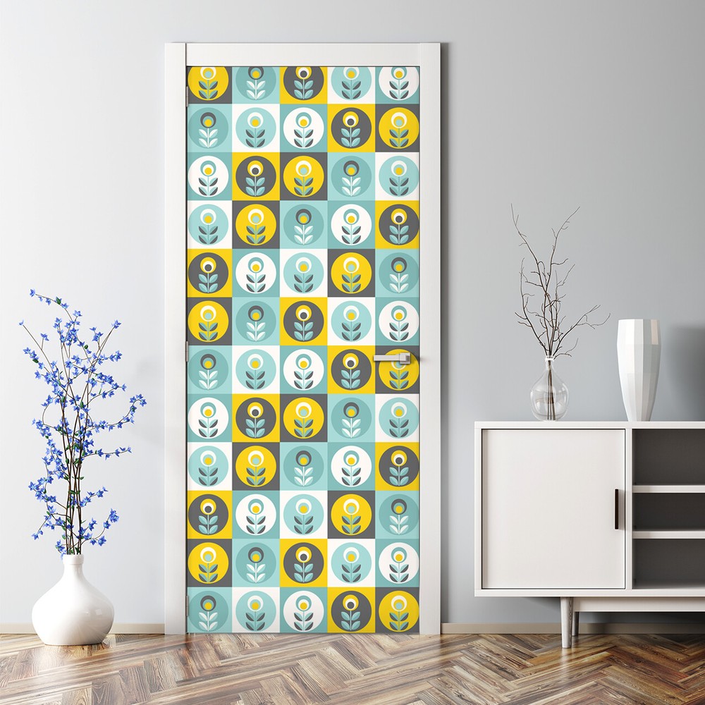 Retro floral Bubble Free Door sticker yellow and blue Decal wall covering
