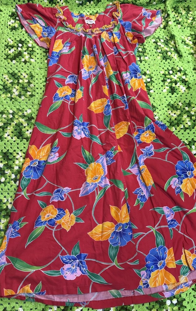 Vtg Tori Richard Hawaii Dress Floral Flowers Muu muu USA L Tropical Island