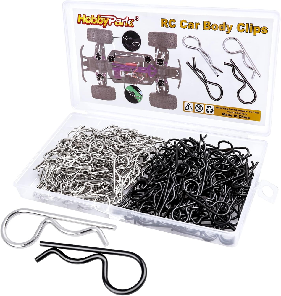 200Pcs Universal RC Car Body Clips Silver & Black R Pins for 1/10 Scale Traxxas