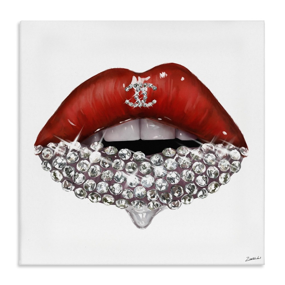 Chic Red Lip Portrait Women's Fashion Stone Details Canvas Wall Art, 17x17 White