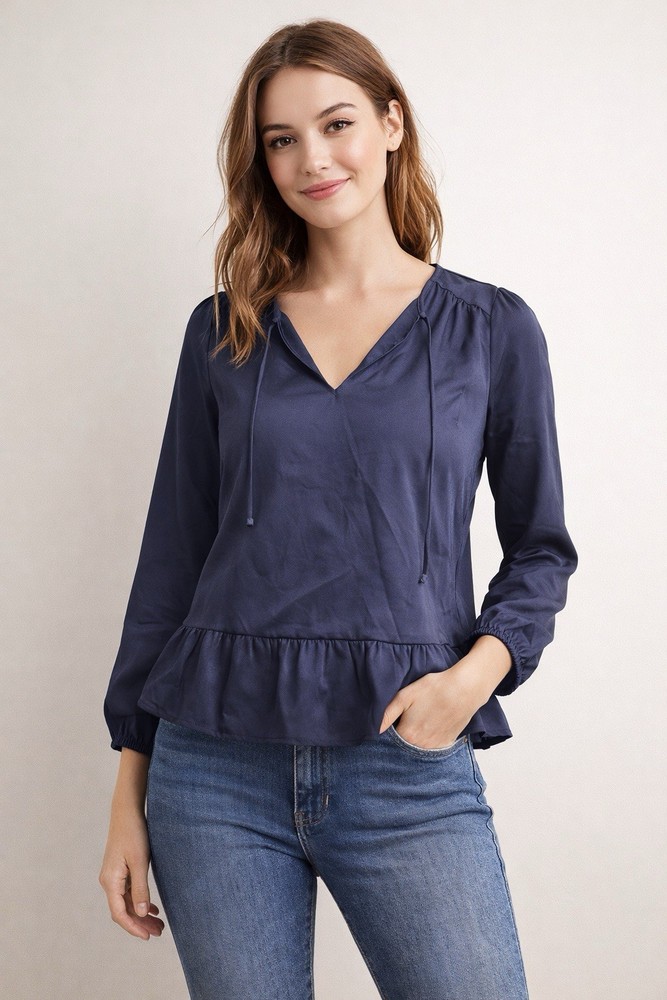 LOFT Navy Blue Peplum Blouse Small Long Sleeve V Neck Tie Front NWT