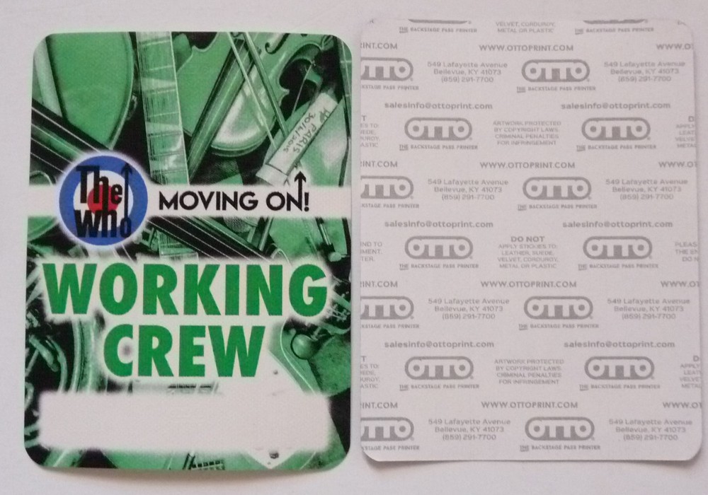 The Who Green Moving On Up Working Crew 2019 Concert Tour Backstage Pass D15