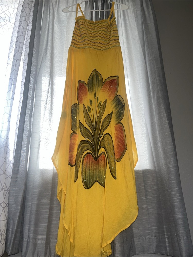 Just Be Gauze Stretch Fit Yellow Floral Strapless Sun Dress Small To Medium Fit