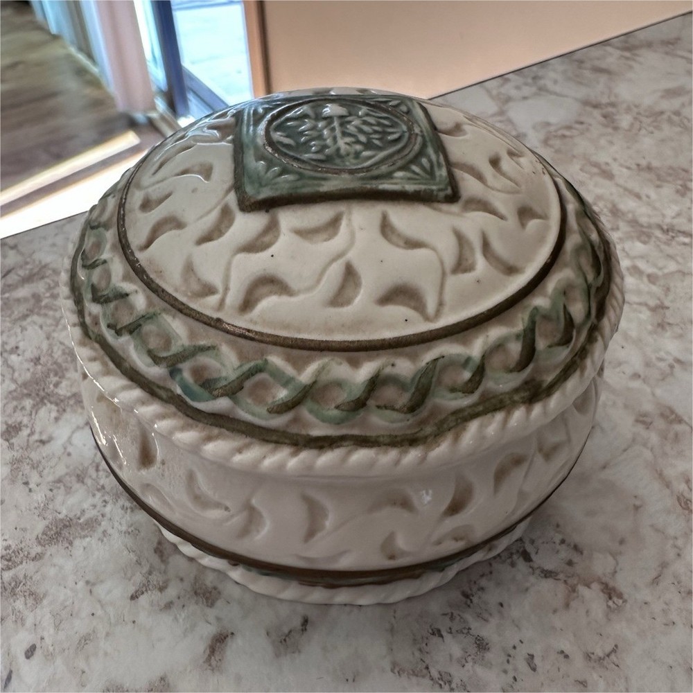 Vintage Ceramic Round Trinket Box with Lid, Green White Abstract Glazed Art-image