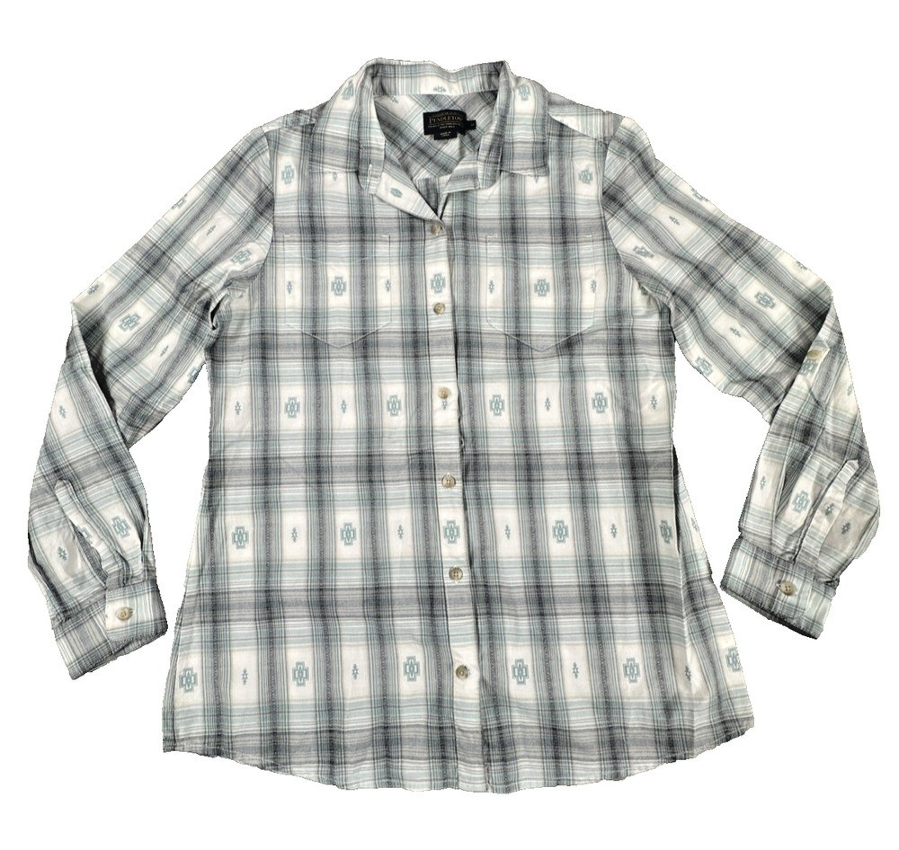 Pendleton Women's Medium Plaid Button Up Shirt Gray White Long Sleeve Cotton