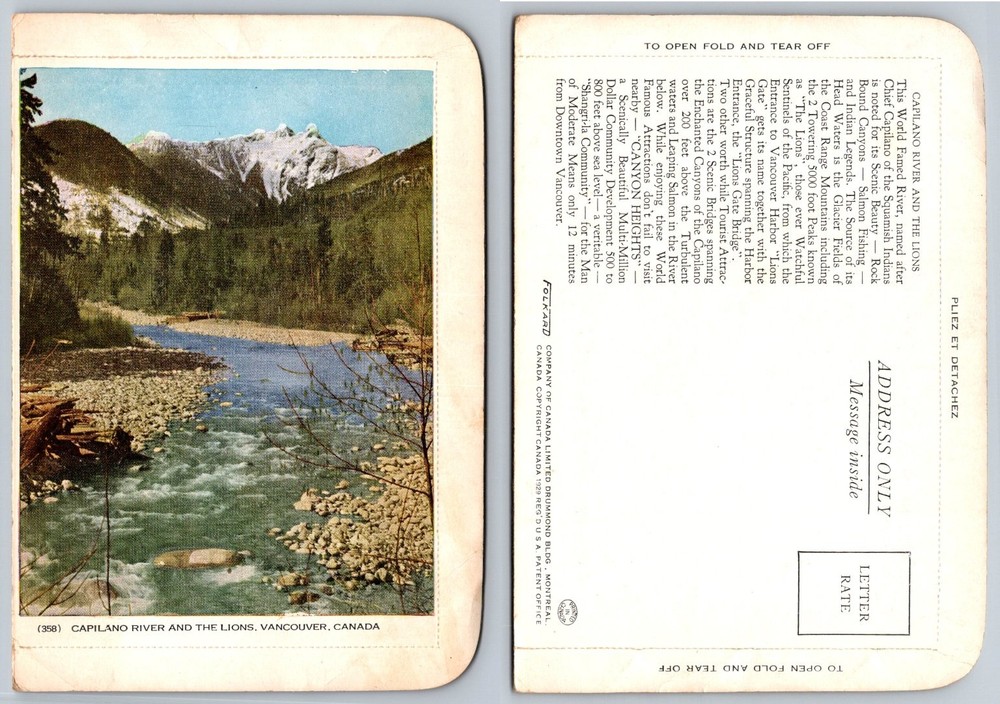 Capilano River & The Lions Vancouver Canada 1929 Folkard Folder Postcard