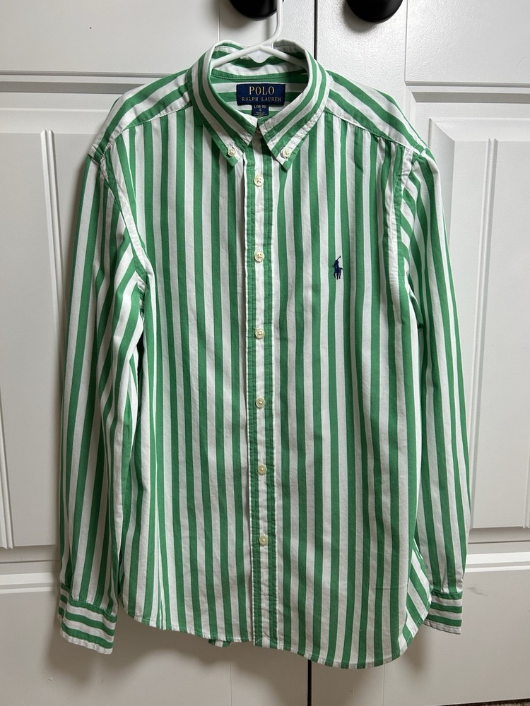 Polo Ralph Lauren Poplin Cotton Green Stripe Boy’s Button-up Shirt Sz Lg 14-16