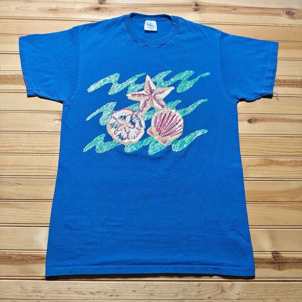 Vintage 90s Sea Shells Starfish Sand Ocean Beach Graphic T-Shirt USA - Large