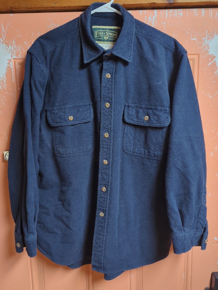 Vintage Field & Stream Chamois Shirt Long Sleeve Outdoor Hiking Navy Blue Large