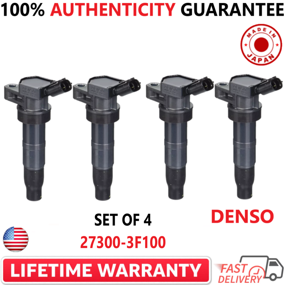 OEM DENSO Set of 4 Ignition Coils For 2008-2017 Hyundai & Kia I4 V8, 27300-3F100