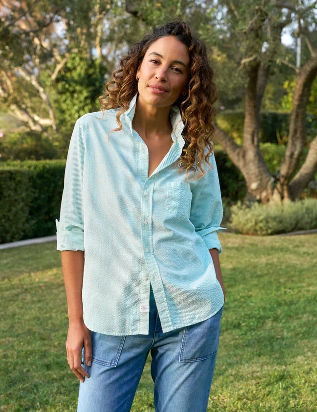 Frank & Eileen Green White Striped Seersucker Button Up Shirt Medium M Italy