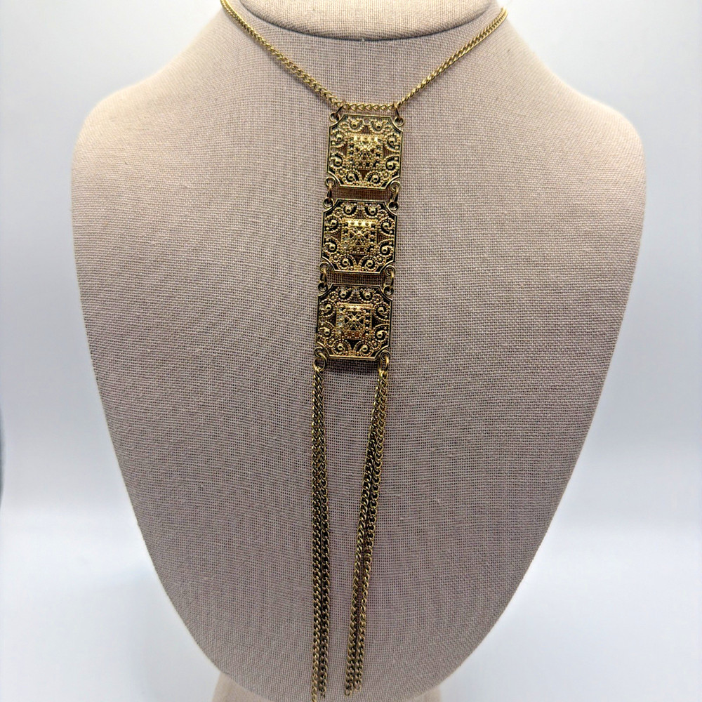Vintage Gold Tone Double Tassel Pendant Necklace