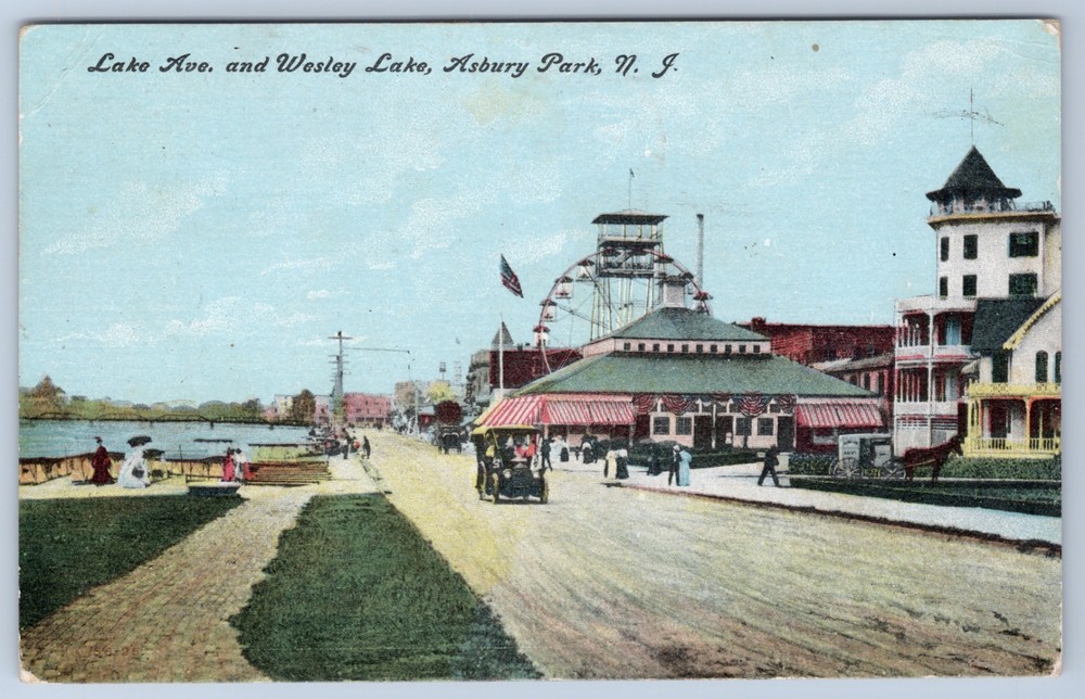 New Jersey Asbury Park Wesley Lake Ferris Wheel Amusement c. 1908 Postcard