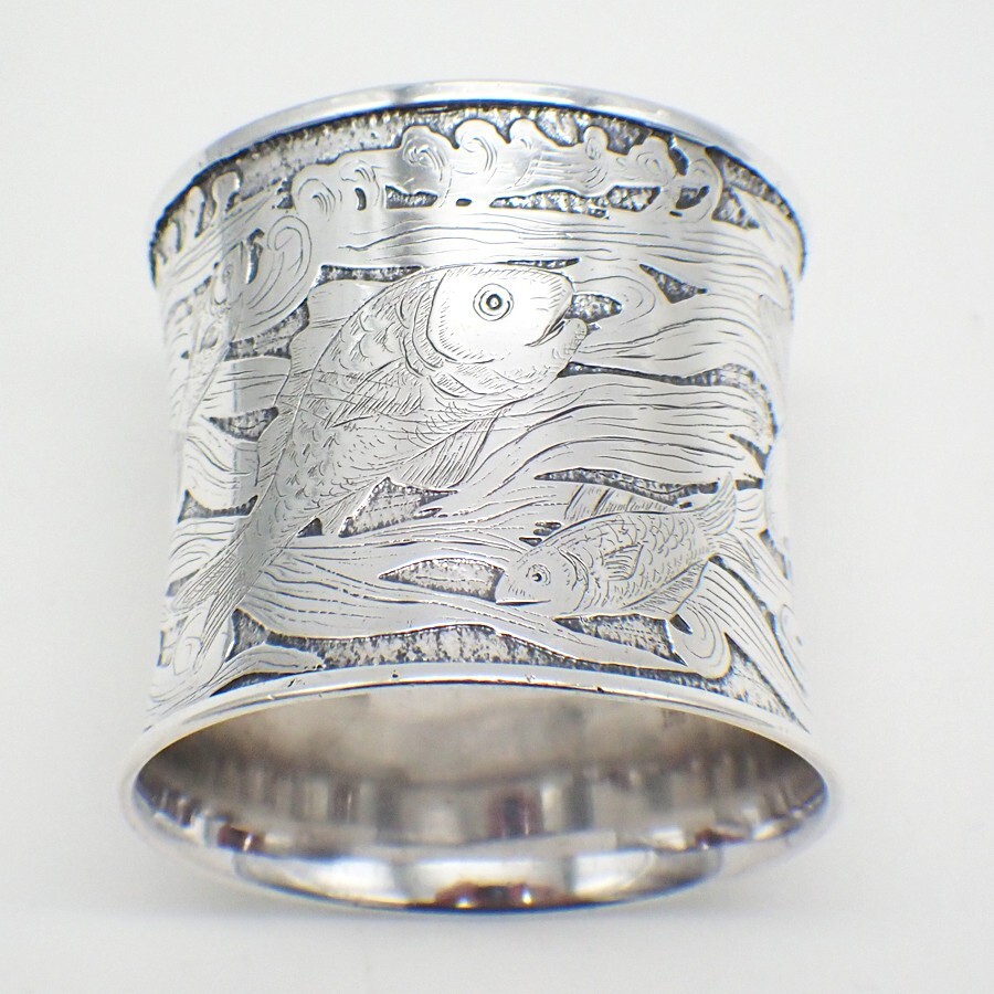 Acid Etched Fish Design Napkin Ring Gorham Sterling Silver Inscribed 1891-image